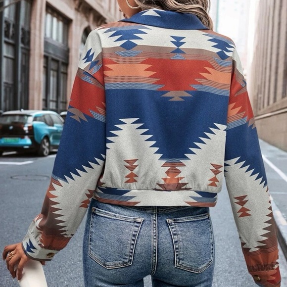 Geo Print Drop Shoulder Flap Pocket Overcoat boyfriend shacket trucker jacket - Picture 2 of 6